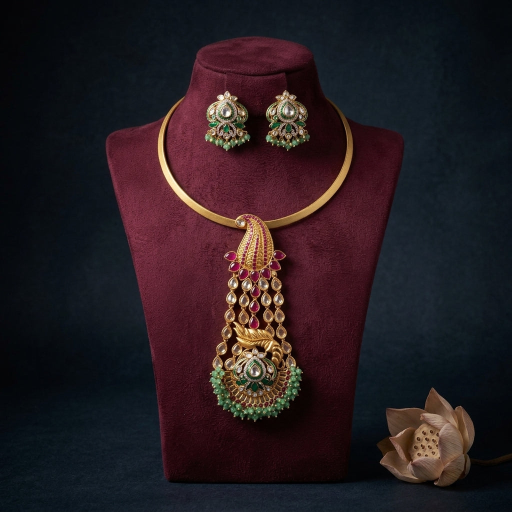 Ruby Grren Heritage Hasli Necklace Set - Mannequin
