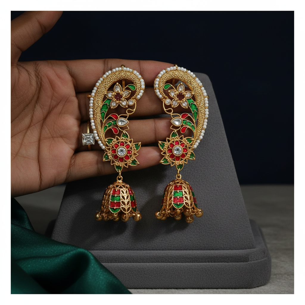 Ruby Green Floral Meenakari Jhumka - Mannequin