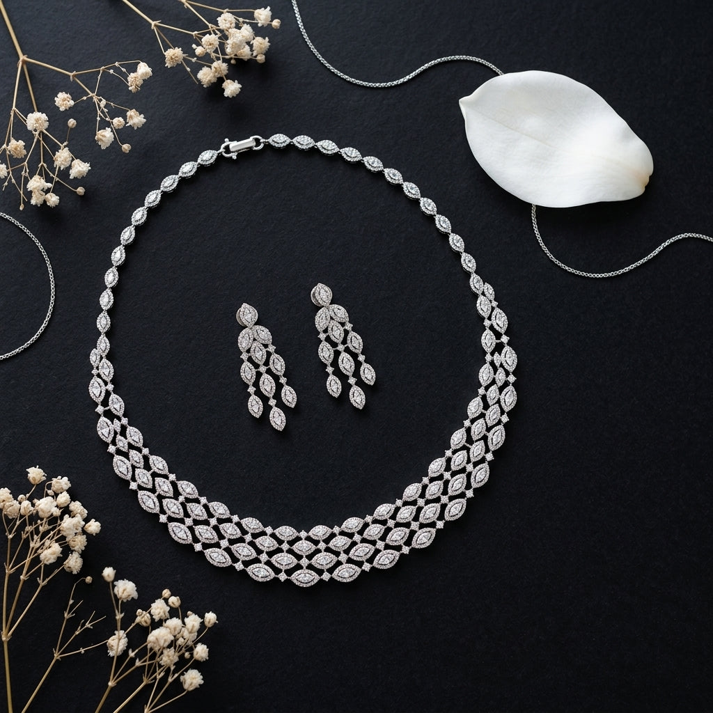 White Marquise Cluster Necklace Set - Tabletop