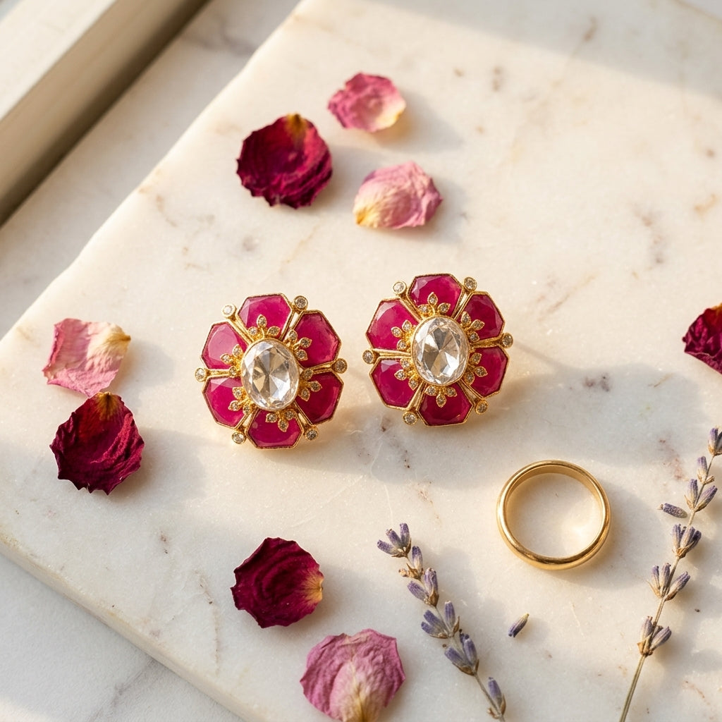 Ruby and Clear Octagonal Floral Earrings - Tabletop