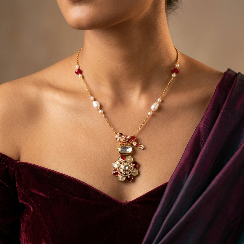 White and Red Bird Floral Necklace Set - Model