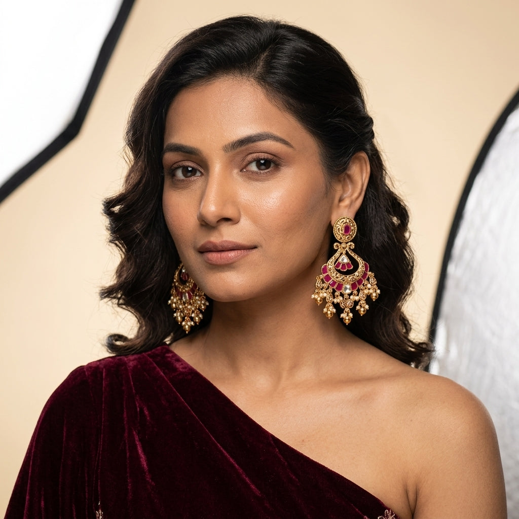 Ruby Ornate Drop Earrings - Model