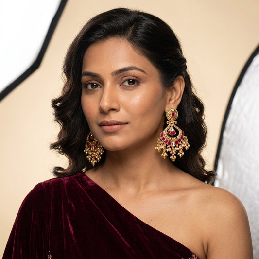Ruby Ornate Drop Earrings - Model