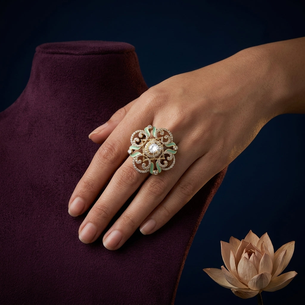 Clear and Mint Ornate Scroll Ring - Mannequin