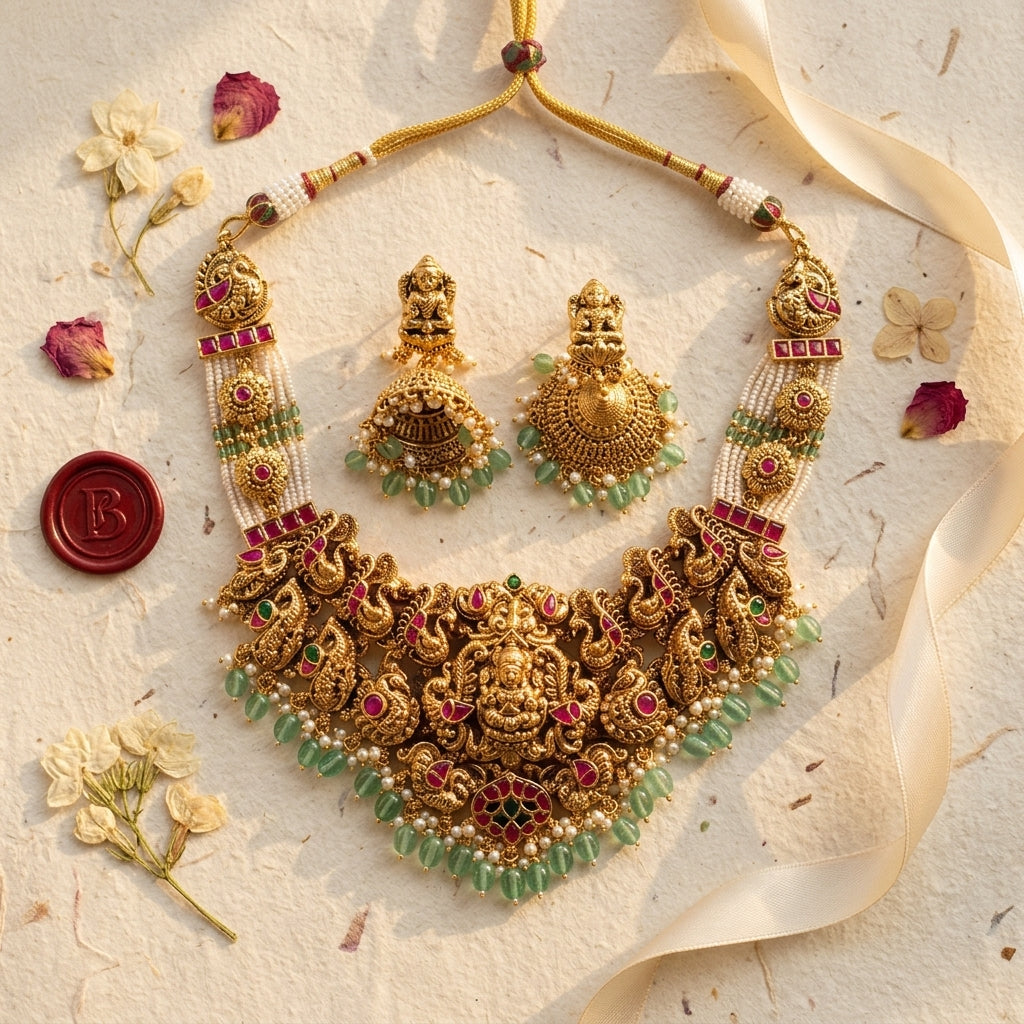 Ruby Green Temple Peacock Necklace Set - Tabletop