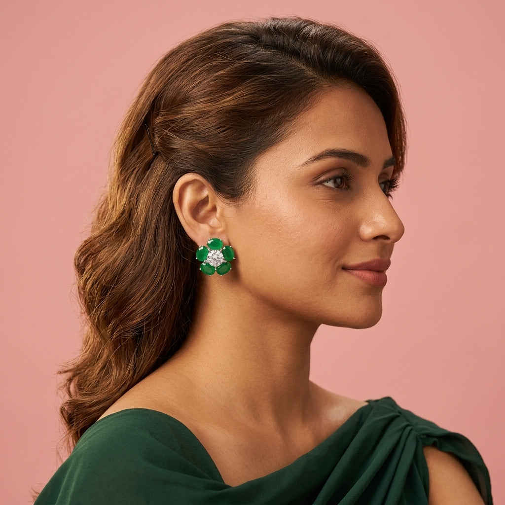 Green and Clear Floral Cluster Earrings - Model
