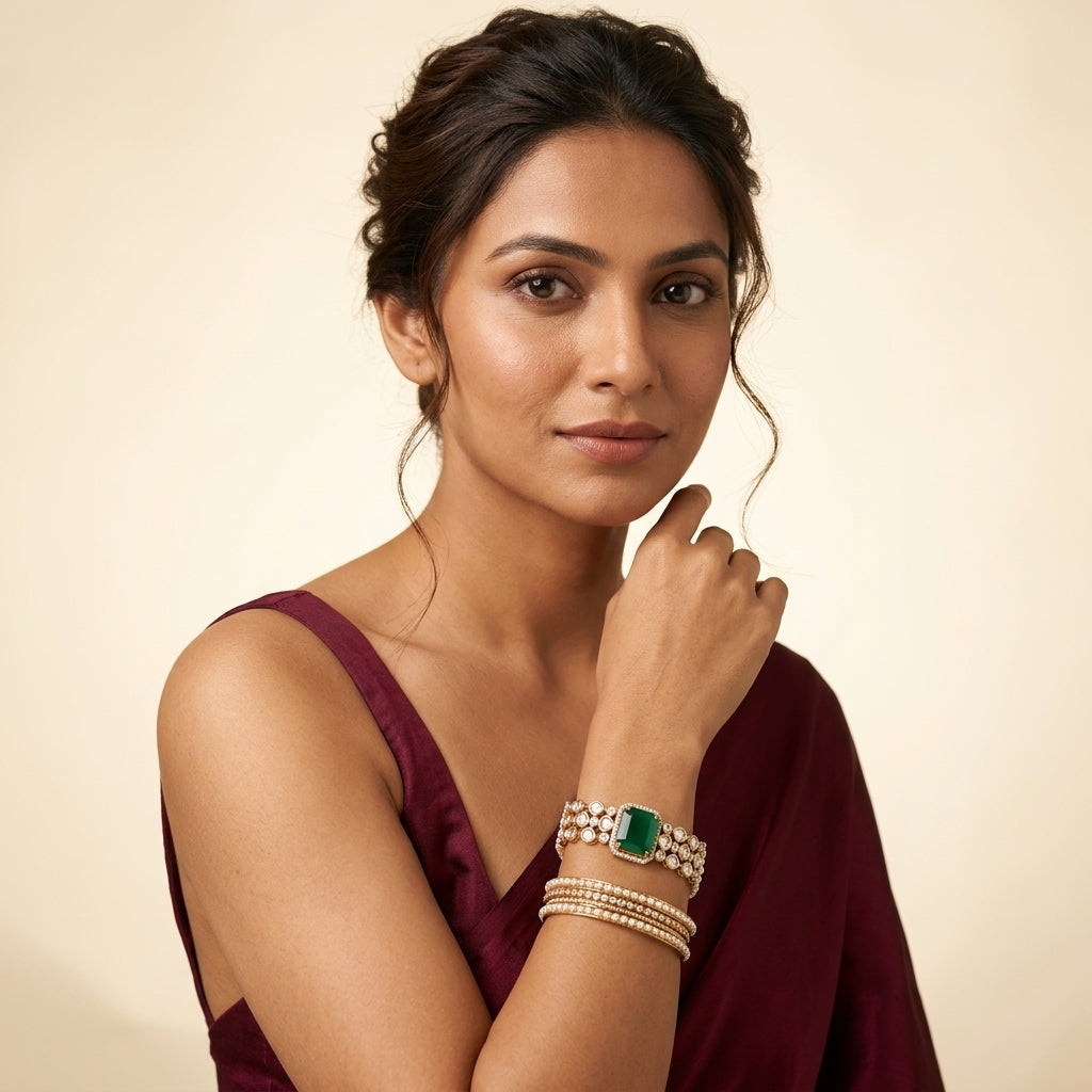 Green Emerald Cut Kundan Bracelet - Model
