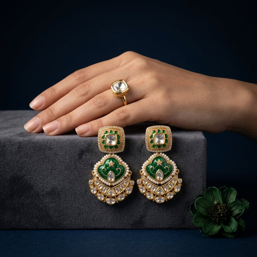 Green White Kidia Kundan Earrings - Mannequin