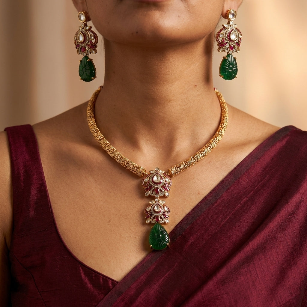 Red and Green Floral Carved Necklace Set - Model