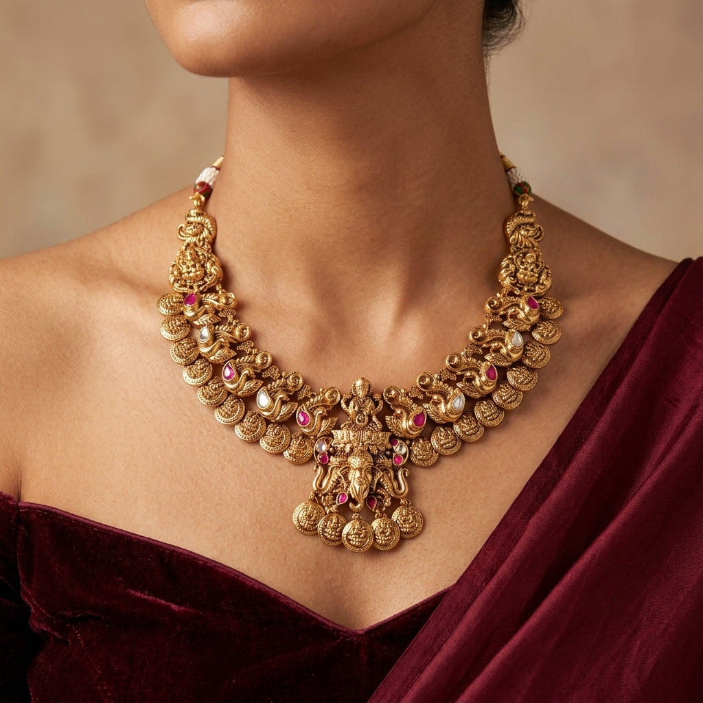 Ruby and White Temple Peacock Necklace Set - Model