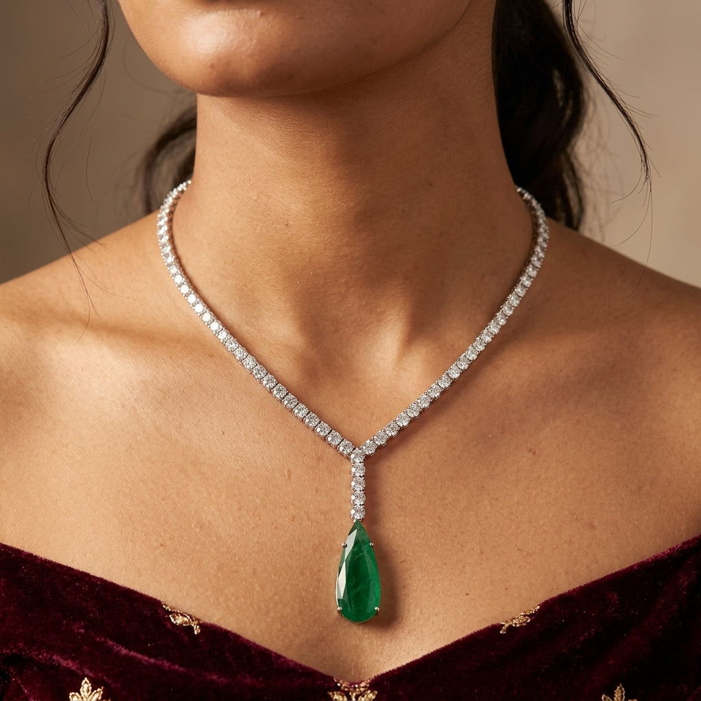 Green and Clear Teardrop Line Necklace Set - Model