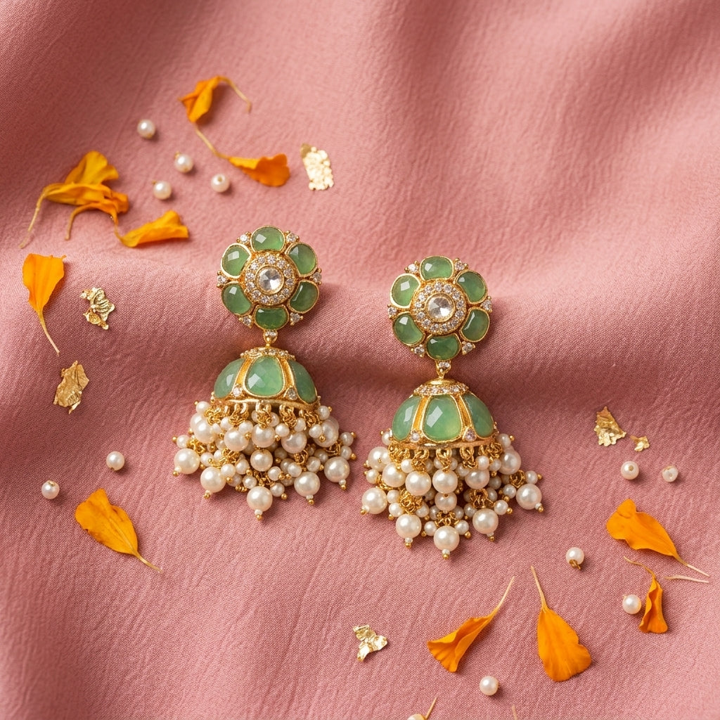 Mint Green Floral Jhumka Pair - Tabletop
