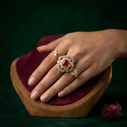 Red and Clear Floral Cluster Ring - Mannequin
