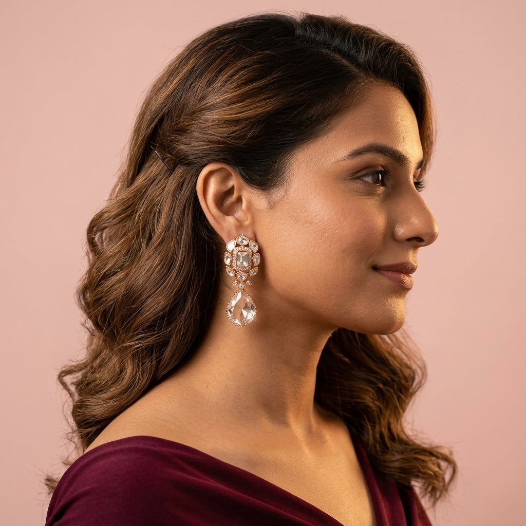 White Floral Cluster Drop Earrings - Model
