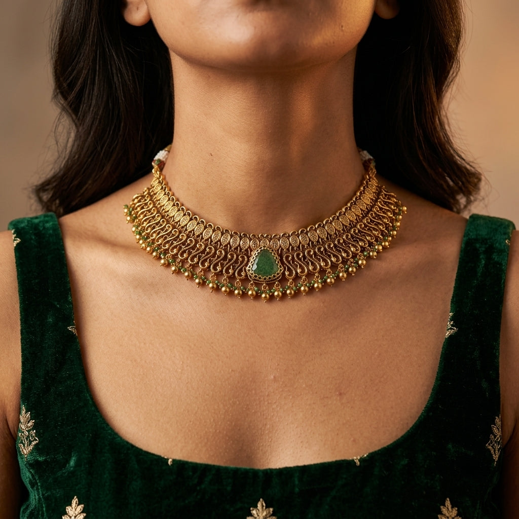 Green Intricate Scroll Necklace Set - Model
