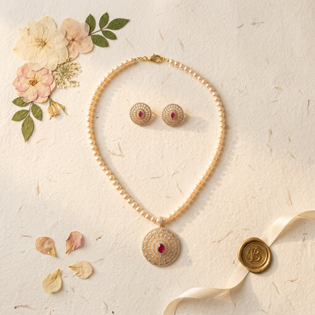 Pearl White Floral Necklace Set - Tabletop
