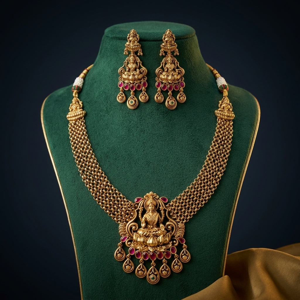 Ruby and Green Temple Lakshmi Lotus Necklace Set - Mannequin