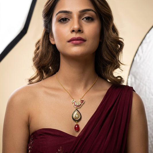 Ruby Green Heritage Kundan Necklace Set - Model