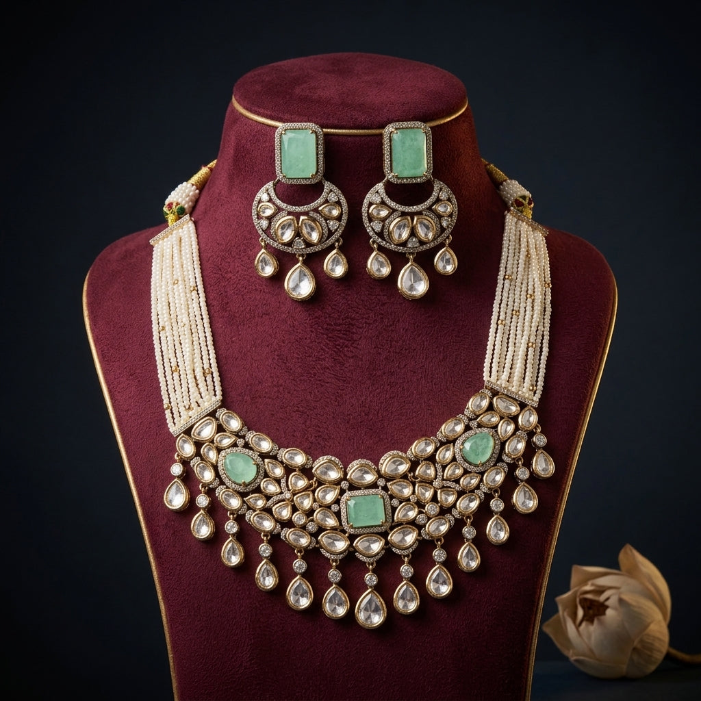 Mint White Kundan Cluster Choker Set - Mannequin