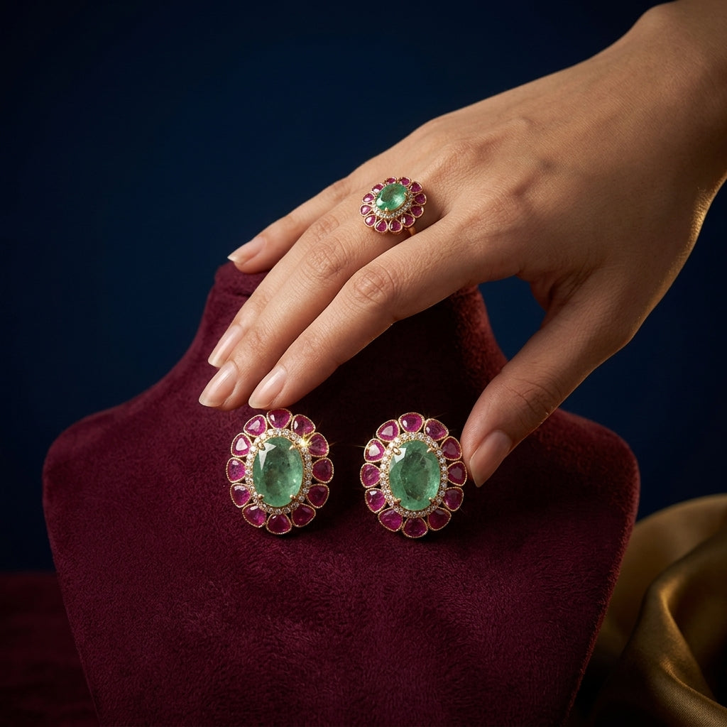 Green and Pink Floral Cluster Earrings - Mannequin