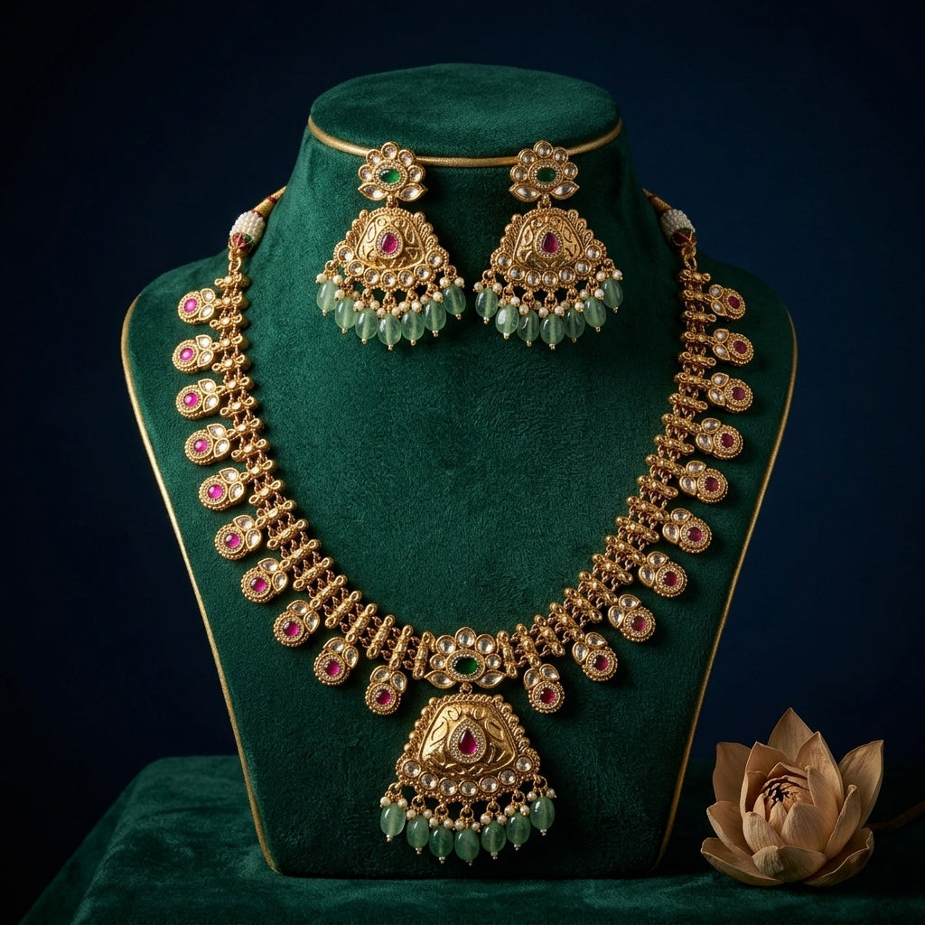Ruby and Green Traditional Motif Necklace Set - Mannequin