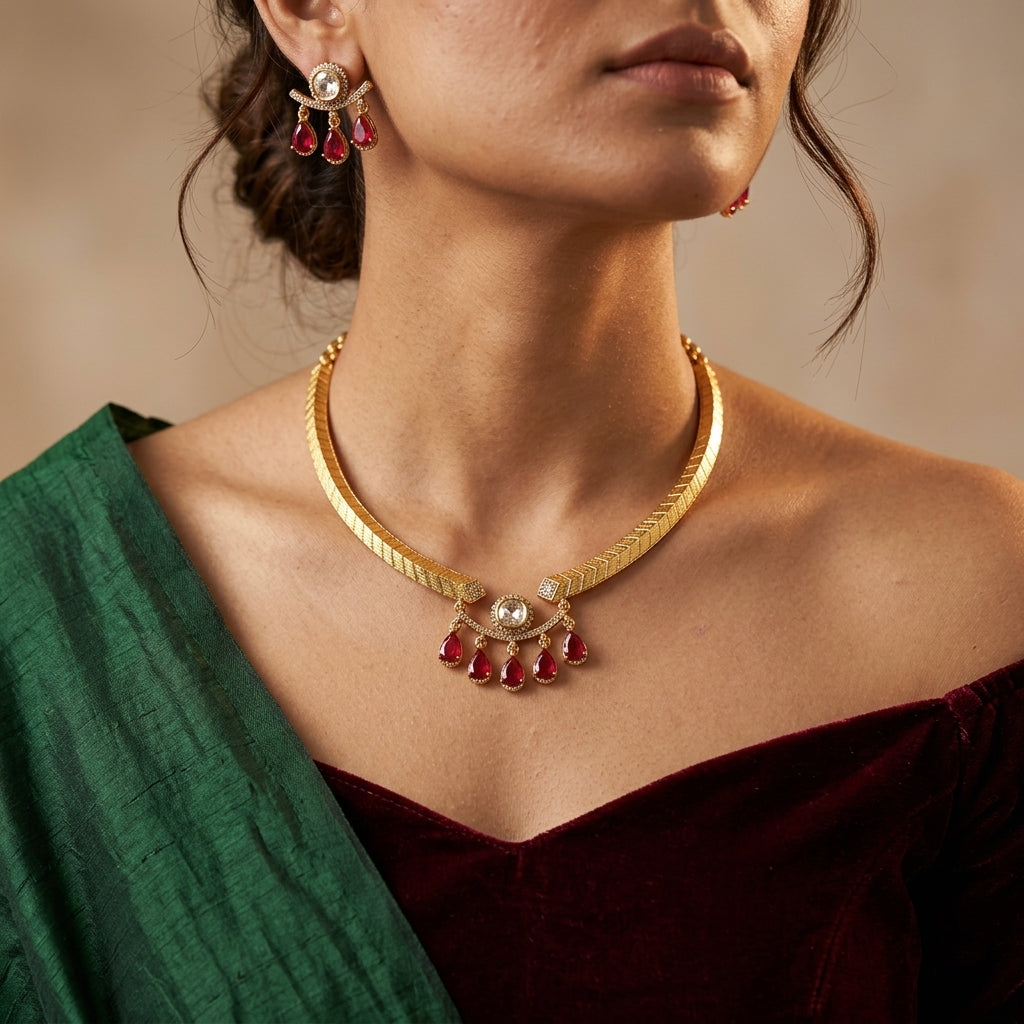 Clear and Red Cluster Drop Necklace Set - Model