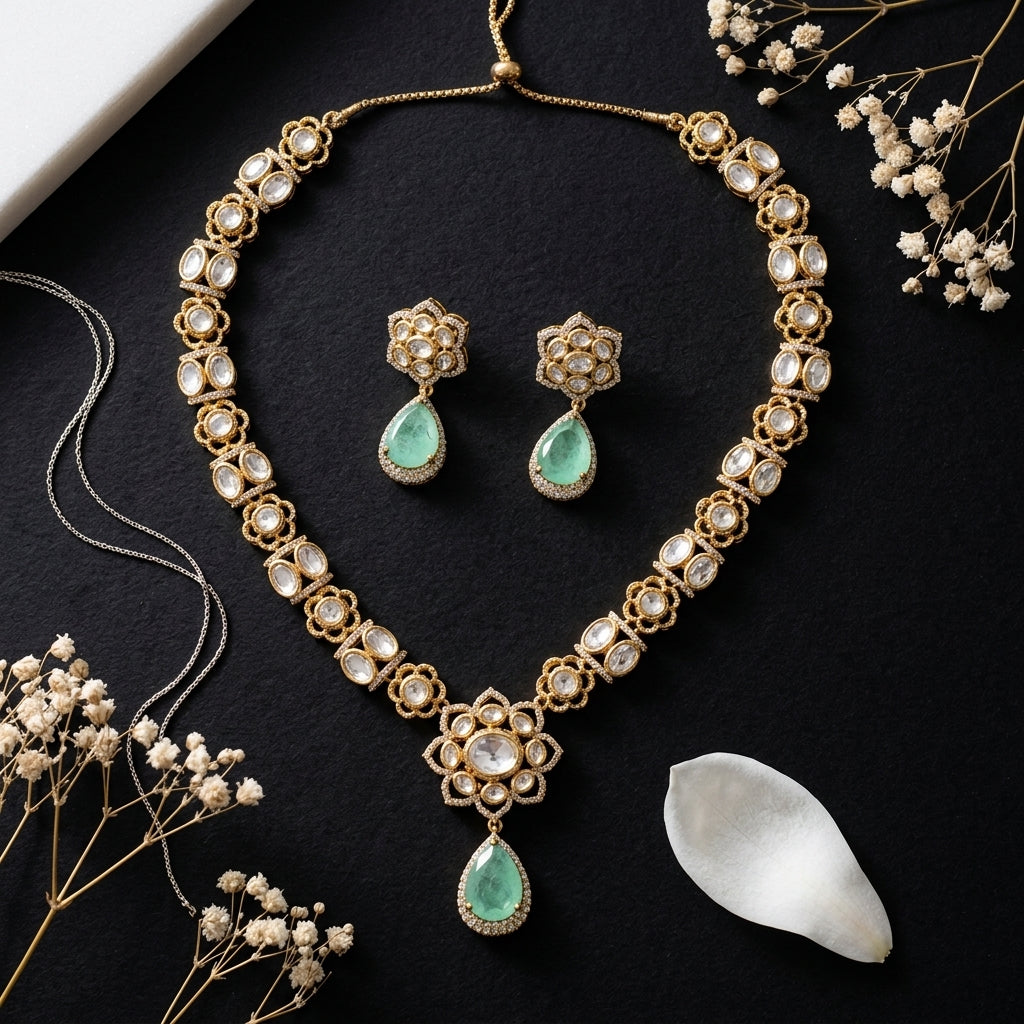 White and Mint Floral Cluster Necklace Set - Tabletop