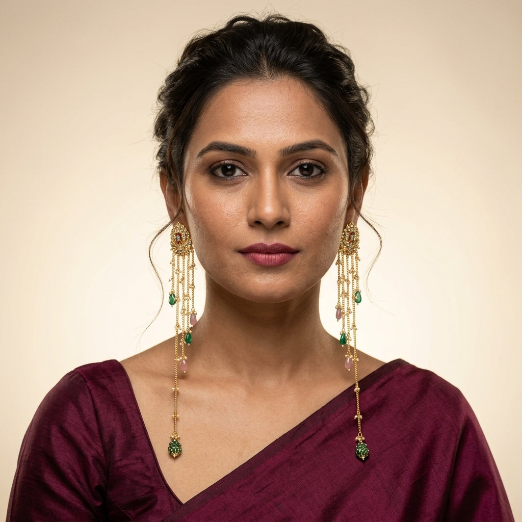 Ruby Red Long Dangling Earrings - Model