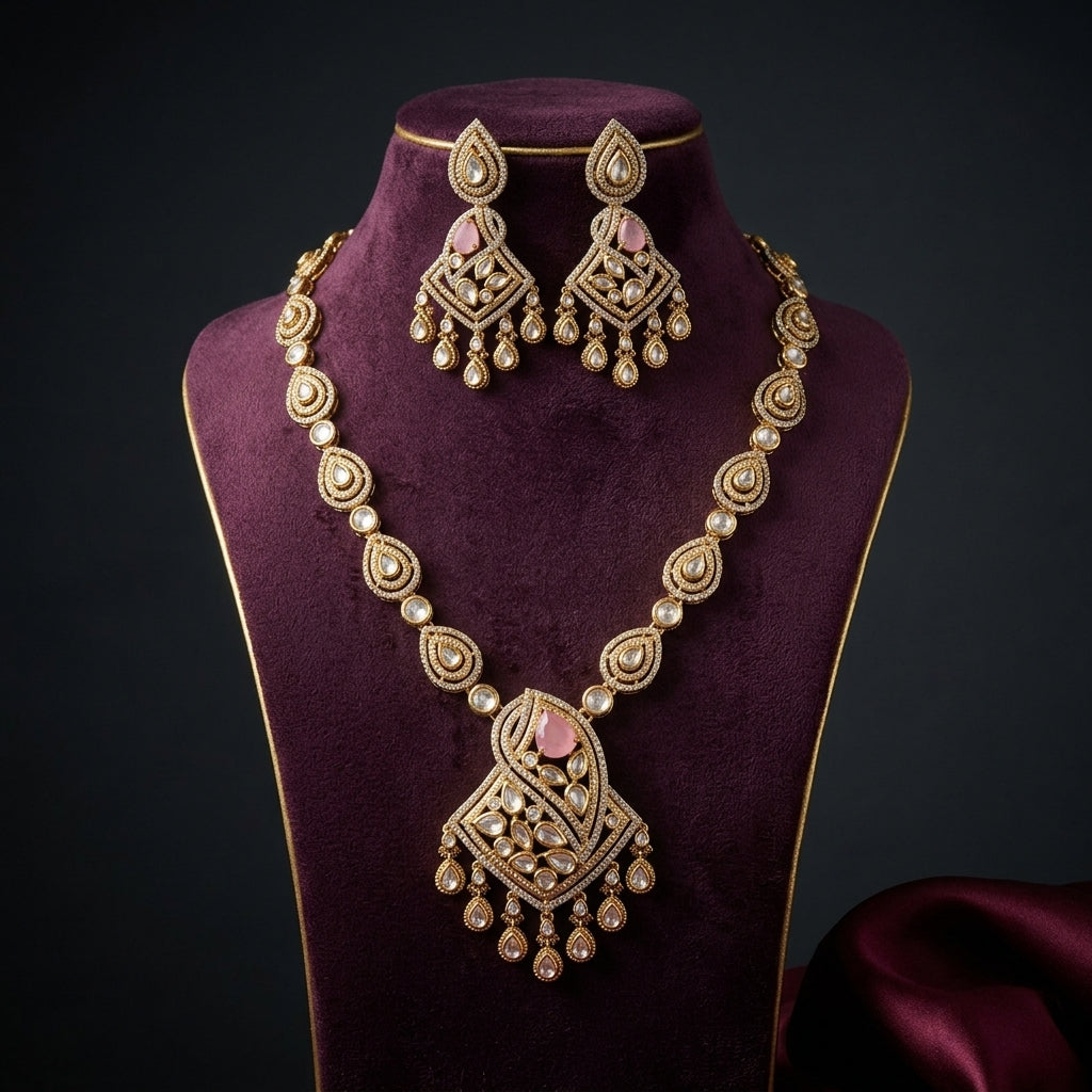 Pink and White Ornate Teardrop Cluster Necklace Set - Mannequin