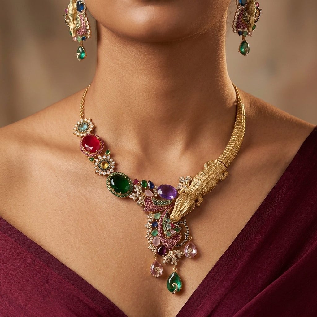 Multi Crocodile Motif Necklace Set - Model