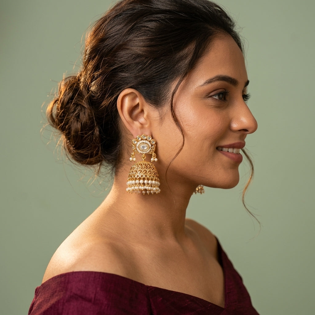 White and Clear Floral Jhumka Pair - Model