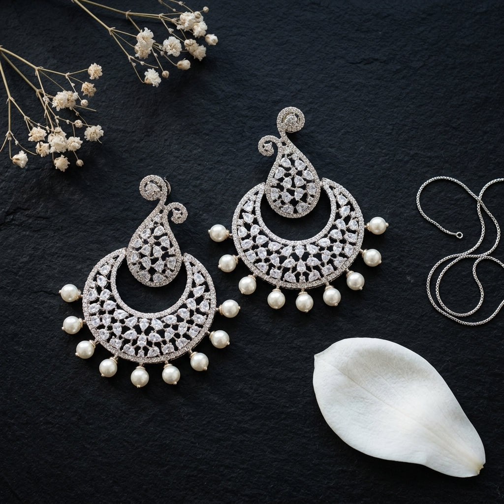 Pearl White Mughal Chandbali Earrings - Tabletop