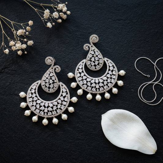 Pearl White Mughal Chandbali Earrings - Tabletop