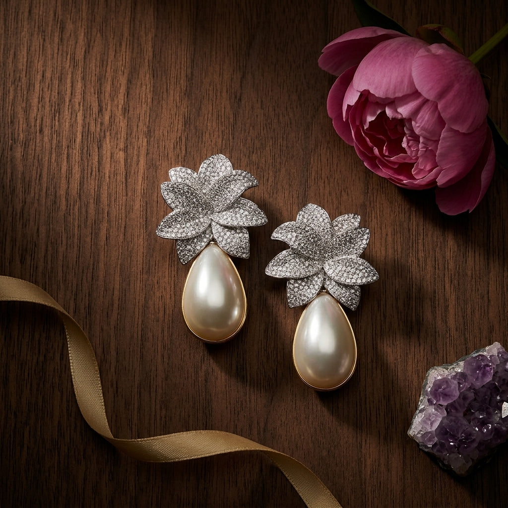 Clear and Off-White Floral Teardrop Earrings - Tabletop