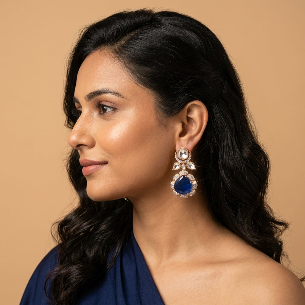Blue and Clear Polki-style Drop Earrings - Model