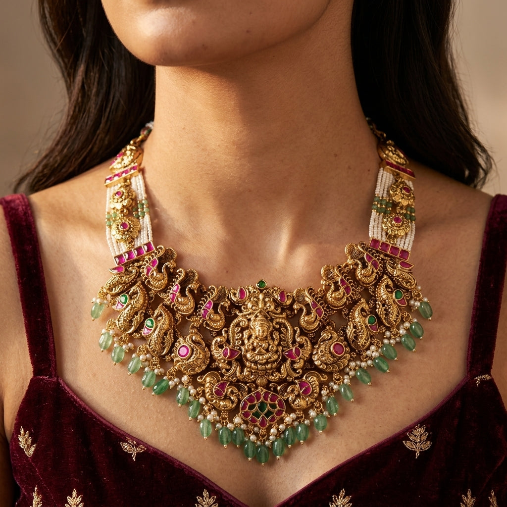 Ruby Green Temple Peacock Necklace Set - Model