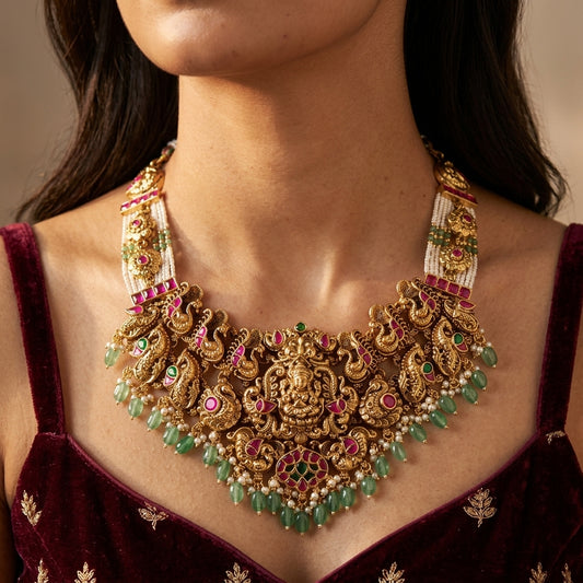 Ruby Green Temple Peacock Necklace Set - Model
