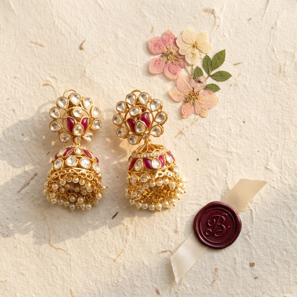 Ruby White Floral Kundan Jhumka Pair - Tabletop