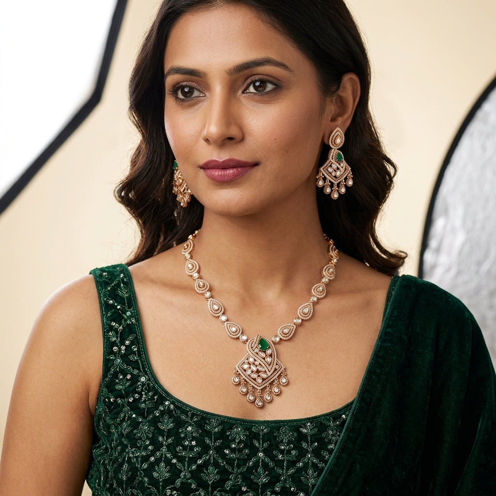 Green and White Ornate Teardrop Necklace Set - Model