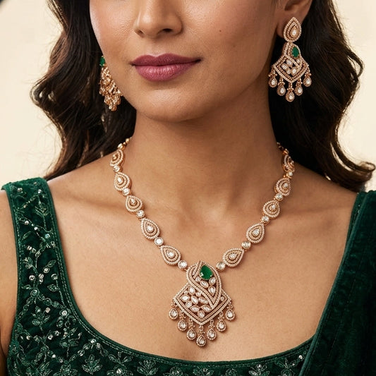 Green and White Ornate Teardrop Necklace Set - Model