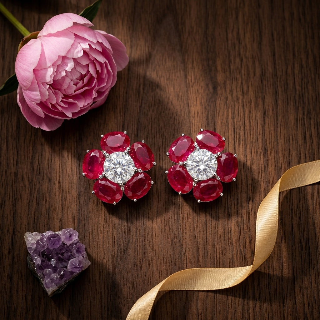 Red Floral Cluster Earrings - Tabletop