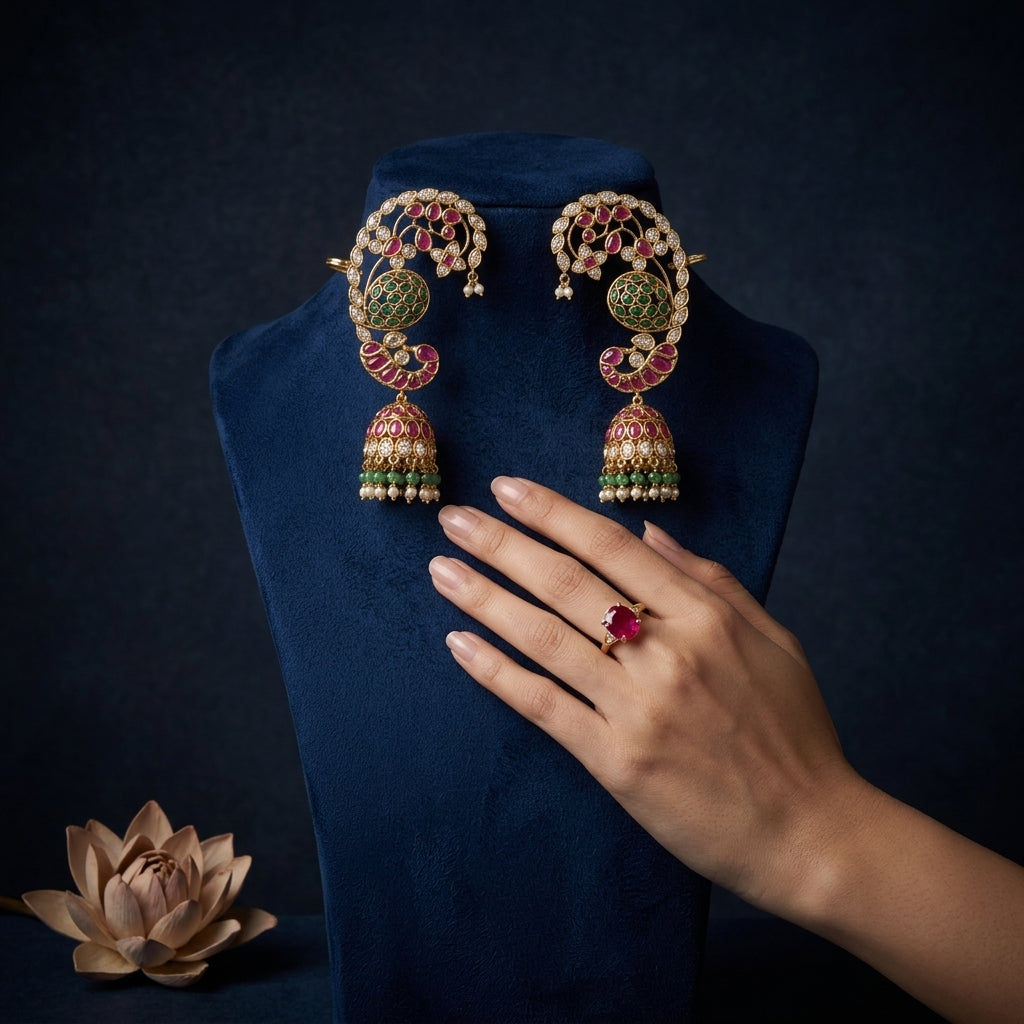 Ruby Green Pearl Heritage Kundan Earrings - Mannequin