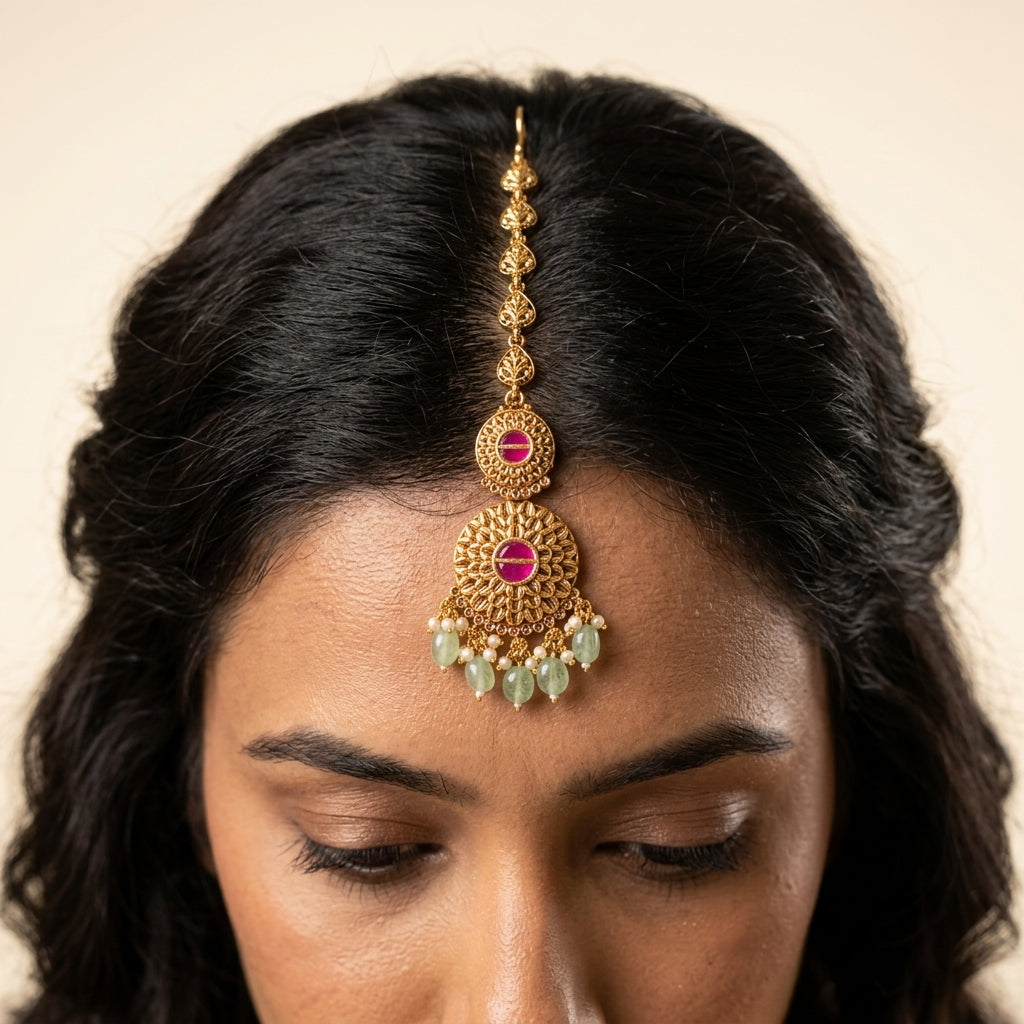 Multi Floral Leaf Maang Tikka - Model
