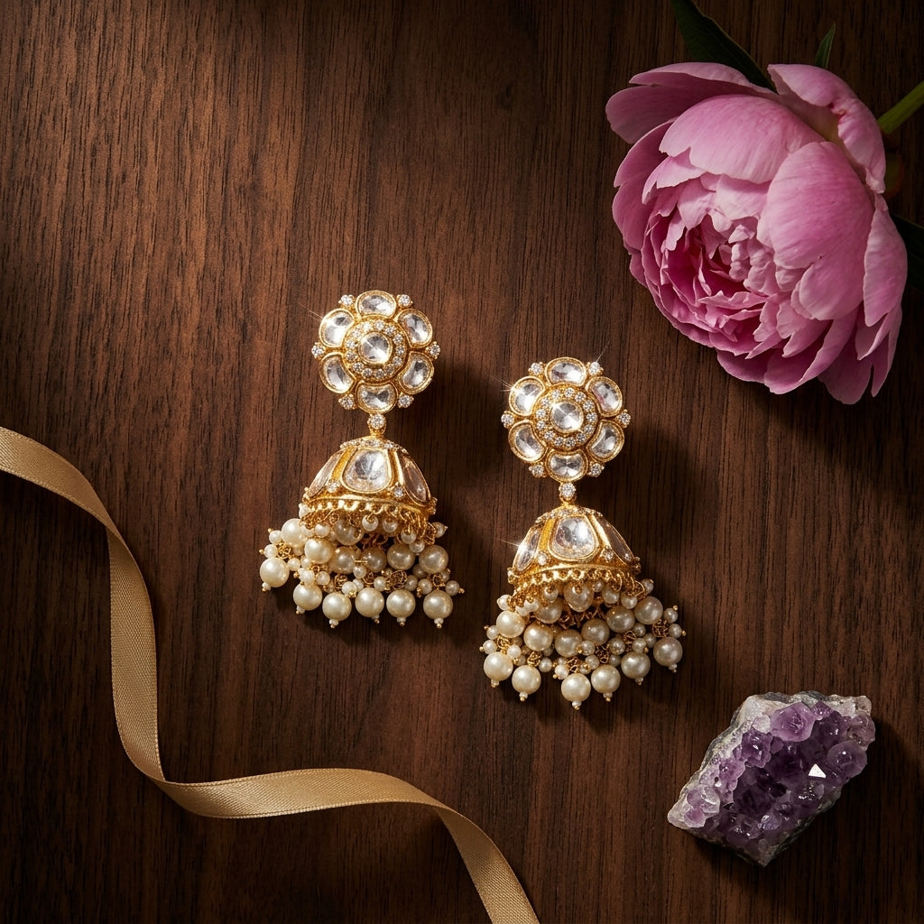 White Floral Polki Jhumka Earrings - Tabletop