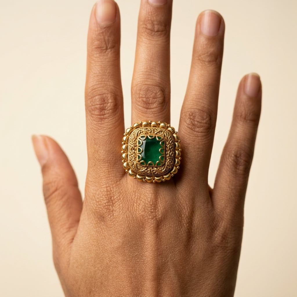 Green Ornate Filigree Ring - Model