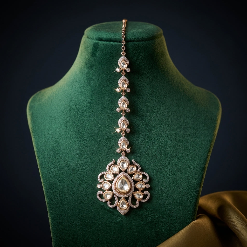 White Floral Polki Cluster Maang Tikka - Mannequin