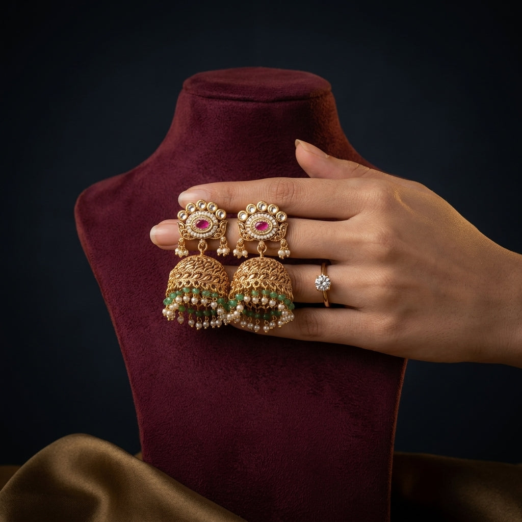 Ruby Embossed Leaf Jhumka Pair - Mannequin