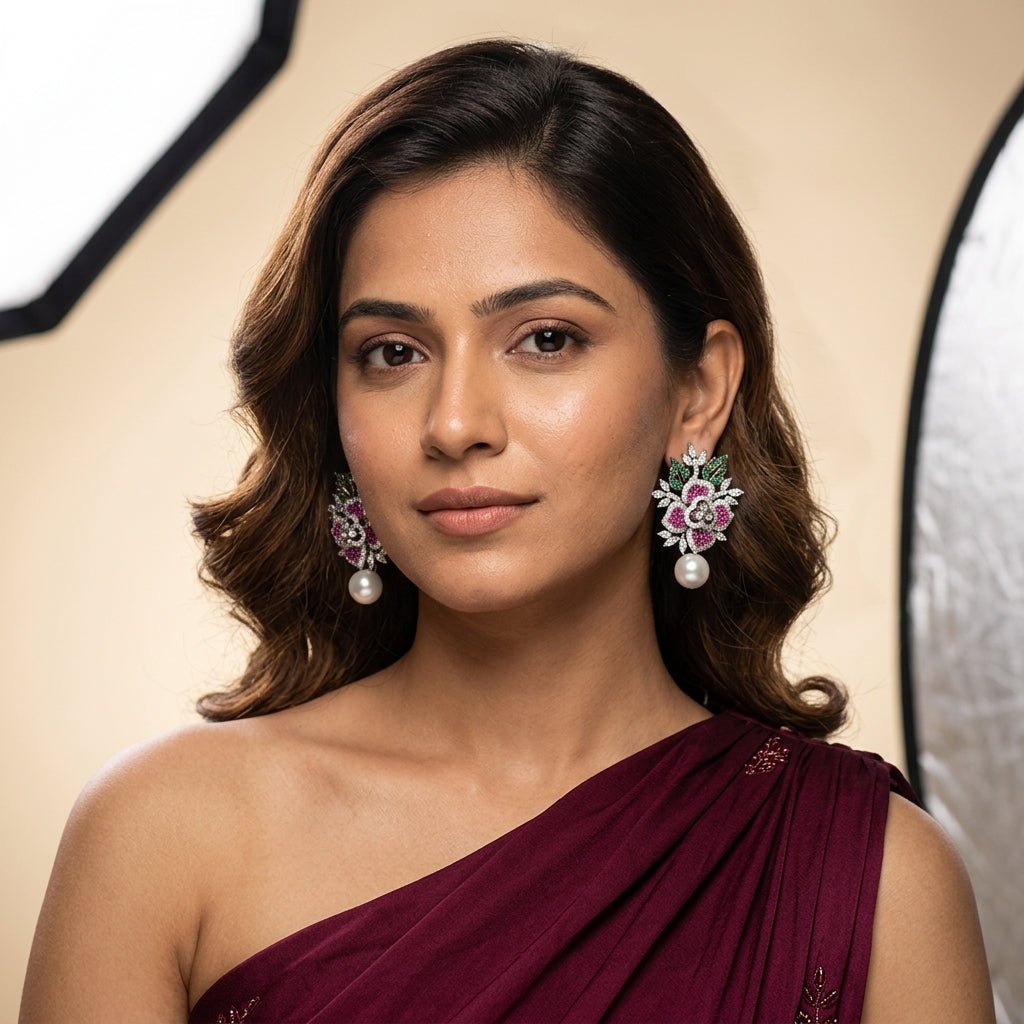 Ruby Green Floral Earrings - Model