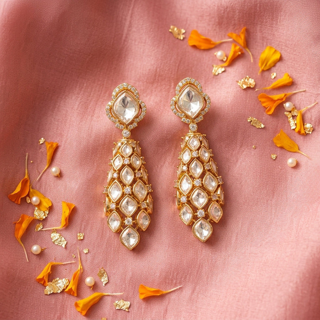 White Geometric Polki Cluster Earrings - Tabletop