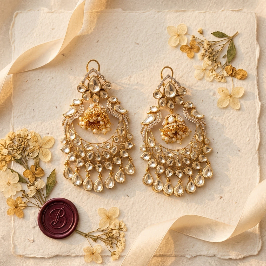 White Mughal Crescent Chandbali Earrings - Tabletop